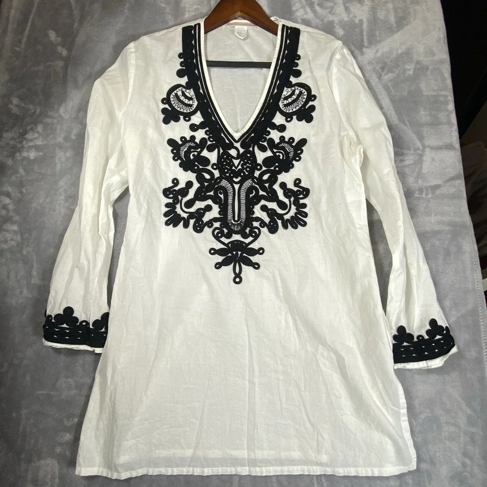 La Blanca Tunic Top Or Cover Up Resort Wear Small White Crochet Trim Island Chic - Picture 10 of 11